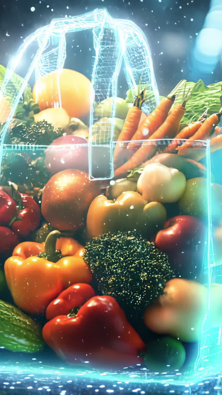 A bag of vegetables is shown in a blue and green color. The vegetables are displayed in a clear plastic bag, and the bag is floating in the air. The image has a futuristic and surreal feel to it