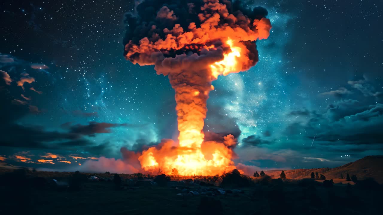 A large mushroom cloud is rising from the ground in a field. The sky is dark and cloudy, with a few stars visible. The scene is ominous and foreboding