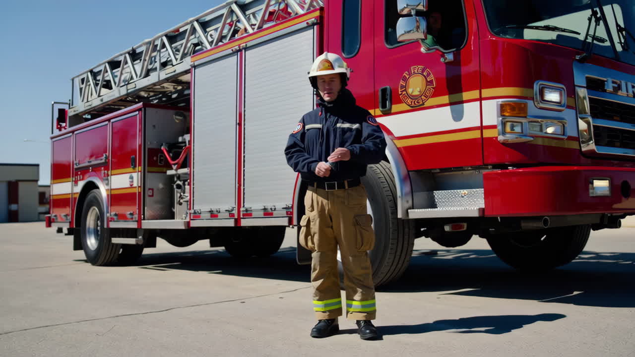 Firefighter in front of firetruck