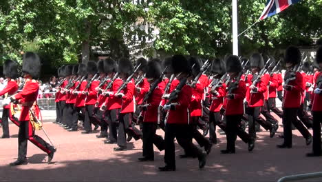 editorial: queens guards marching at the trooping of the colour parade 2017 celebrating the queen's birthday in central london