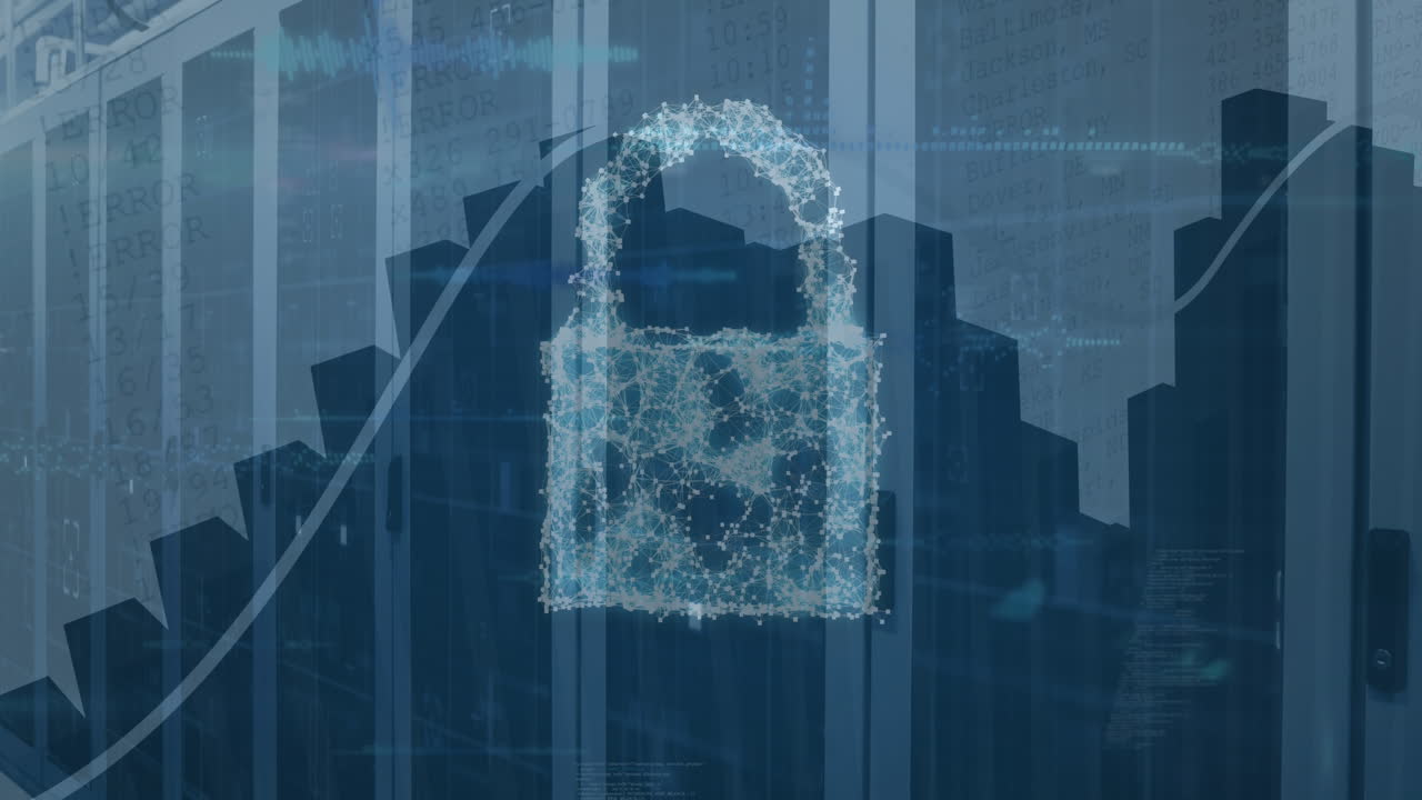 Animazione di icone concettuali di sicurezza informatica ed elaborazione di dati statistici su sfondo di sala server.