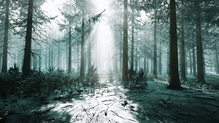 magic and foggy morning spruce forest