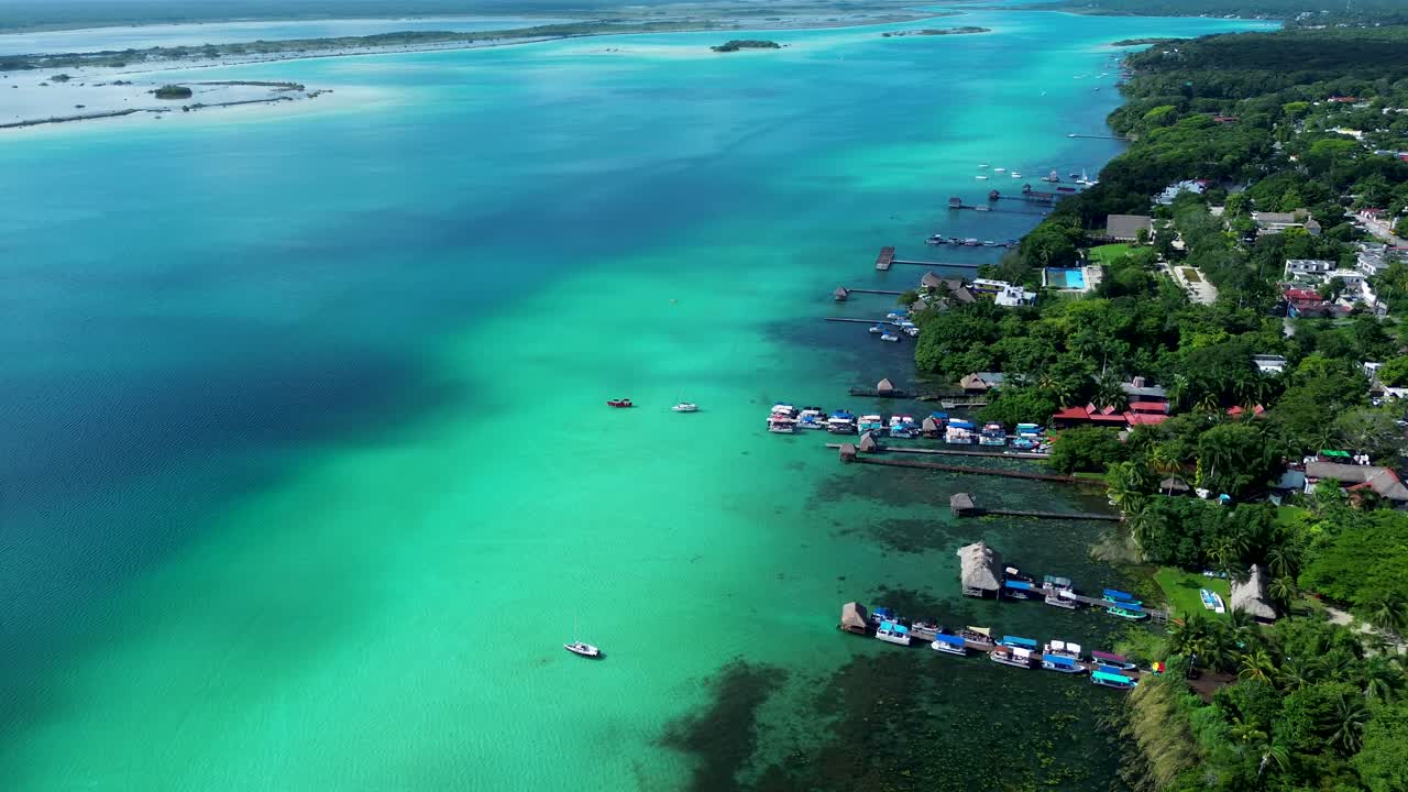 Drone aerial landscape of jetty wharf boardwalk in Bacalar lagoon lake with housing and resorts in rainforest town Quintana Roo Mexico Central America travel tourism
