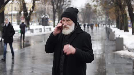 An Elderly Man Chats on the Phone while Walking in a Snowy Street an Elderly Man with a Beard has a Lively Phone Conversation while Strolling through a Picturesque Snowy Street Enjoying the Serene Winter Atmosphere