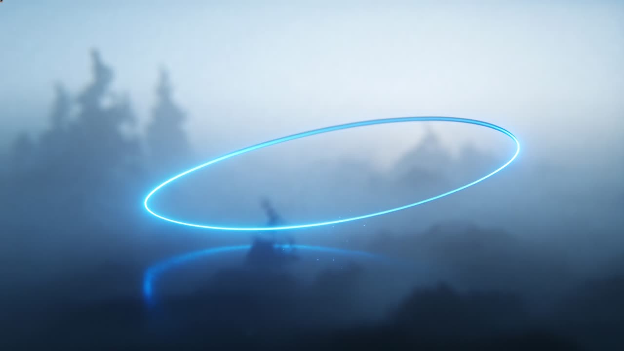 Thin cyan-blue light appearing then tracing oval ring above mist, forming tech demo for designers