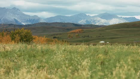 beautiful long shot of the farmland in prairies with the rocky mountains on background