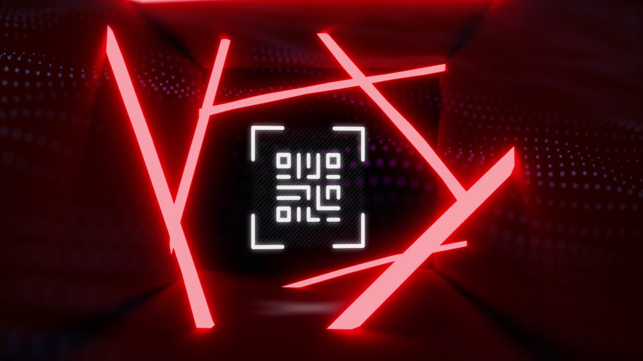 Intersecting red neon lines over digital code creating animation in abstract space