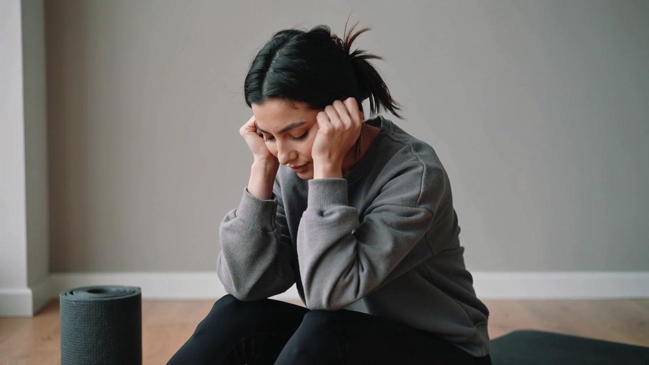 Finishing set, woman in grey sweatshirt pausing on mat at home, holding temples, foam roller left