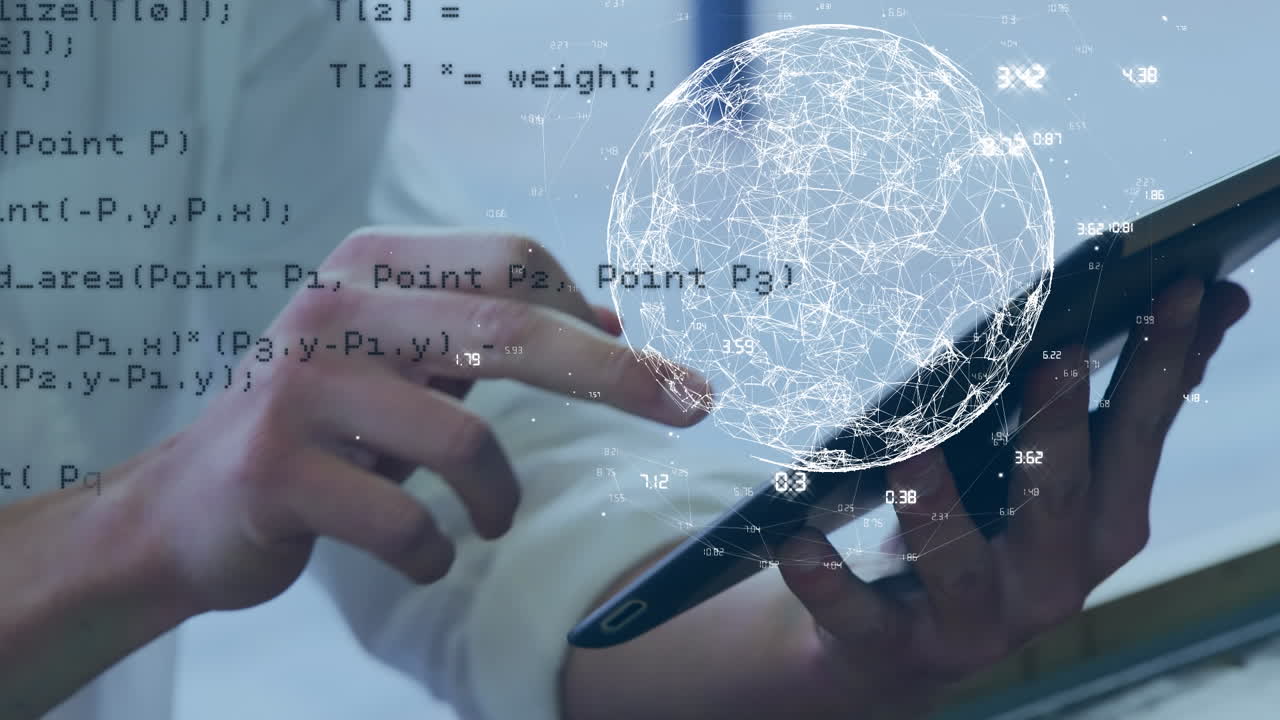 animación del globo con conexiones y procesamiento de datos sobre mujer de negocios caucásica con tableta