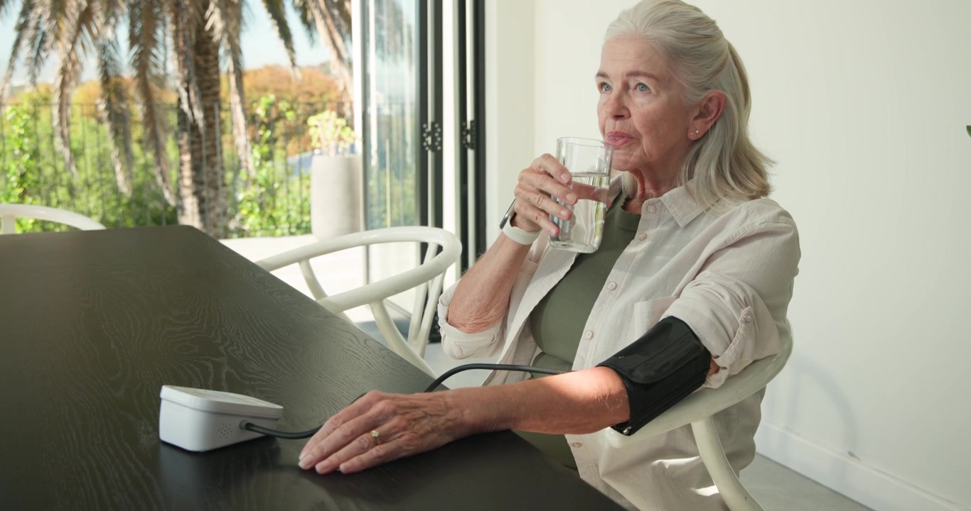 Una donna anziana preme "start" sul bracciale del monitor, controllando la pressione sanguigna al tavolo da pranzo e sorseggiando acqua.
