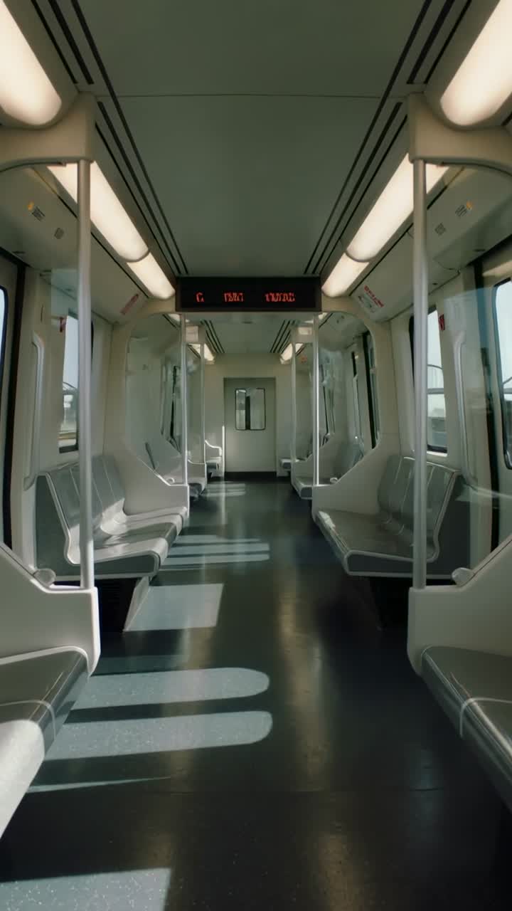 Video verticale: Telecamera che avanza riprende il corridoio di un treno con sedili bianchi, pali e testo LED che cambia.