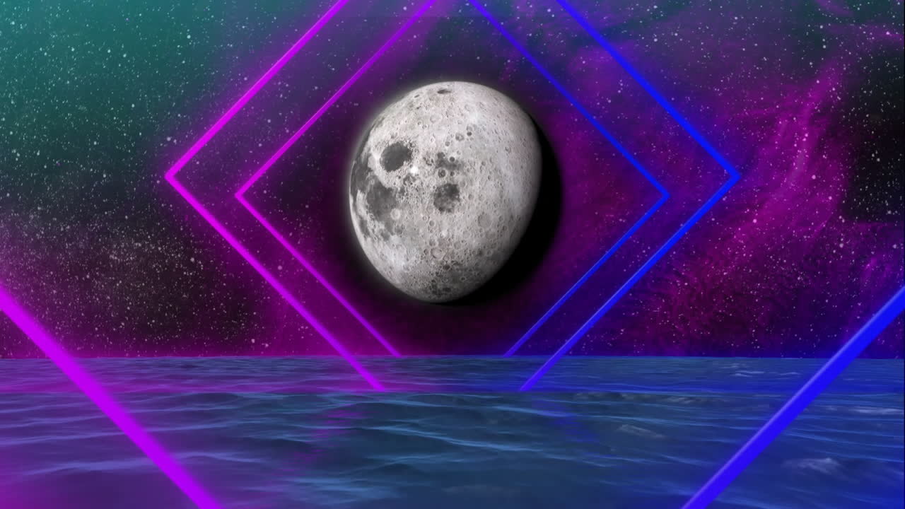 Animation of colourful shapes over planet and water on sky with stars