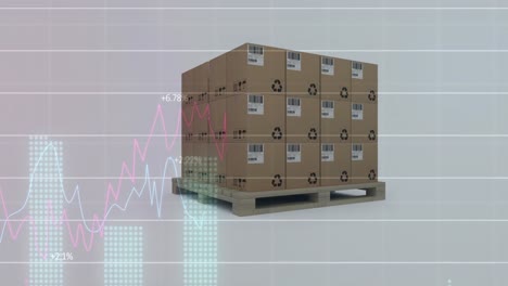 animation of financial data processing over stack of cardboard boxes in background
