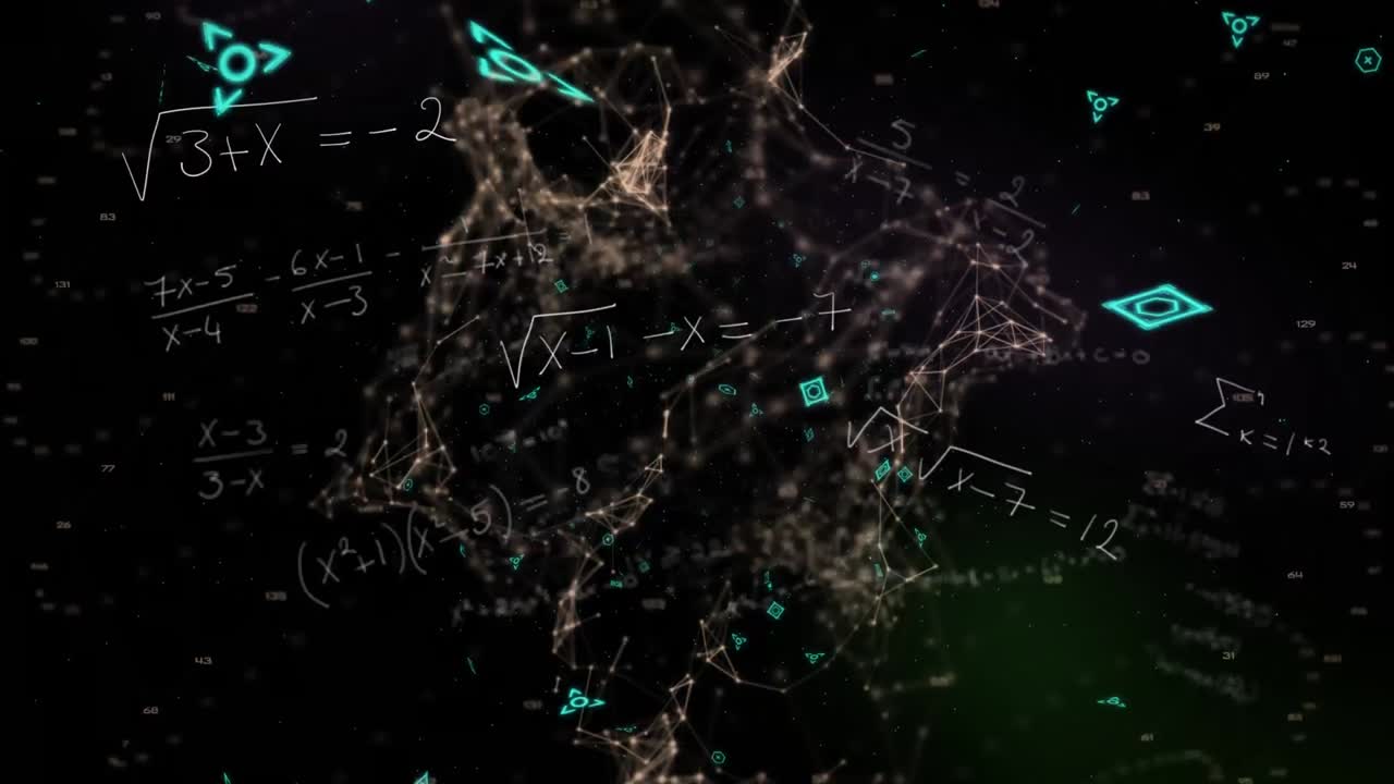 ⁇ 은 qr 코드와 여러 수학적 방정식이 연결망 위에 떠다니고 검은색에 떠다니고 있습니다.