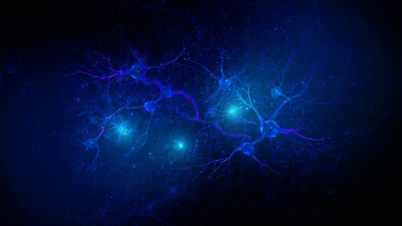 Neuron network sending purple pulse lighting soma, racing along dendritic branches in brain tissue