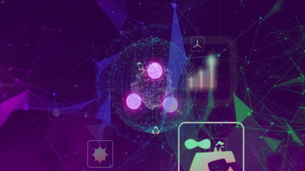 animación de red digital y procesamiento de datos sobre un fondo geométrico abstracto