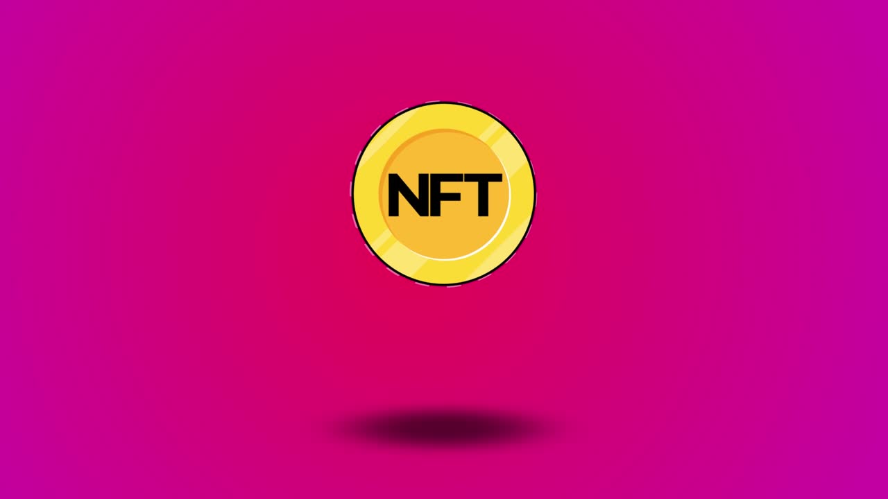 nft 금 동전 애니메이션: 분홍색 배경, 암호화폐 및 블록체인 개념