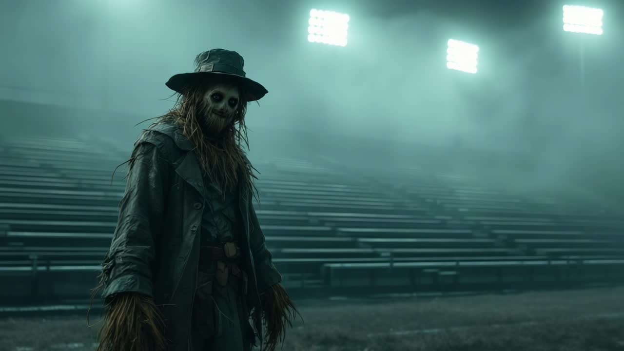 Scarecrow figure stands ominously in foggy stadium under bright lights, creating eerie atmosphere