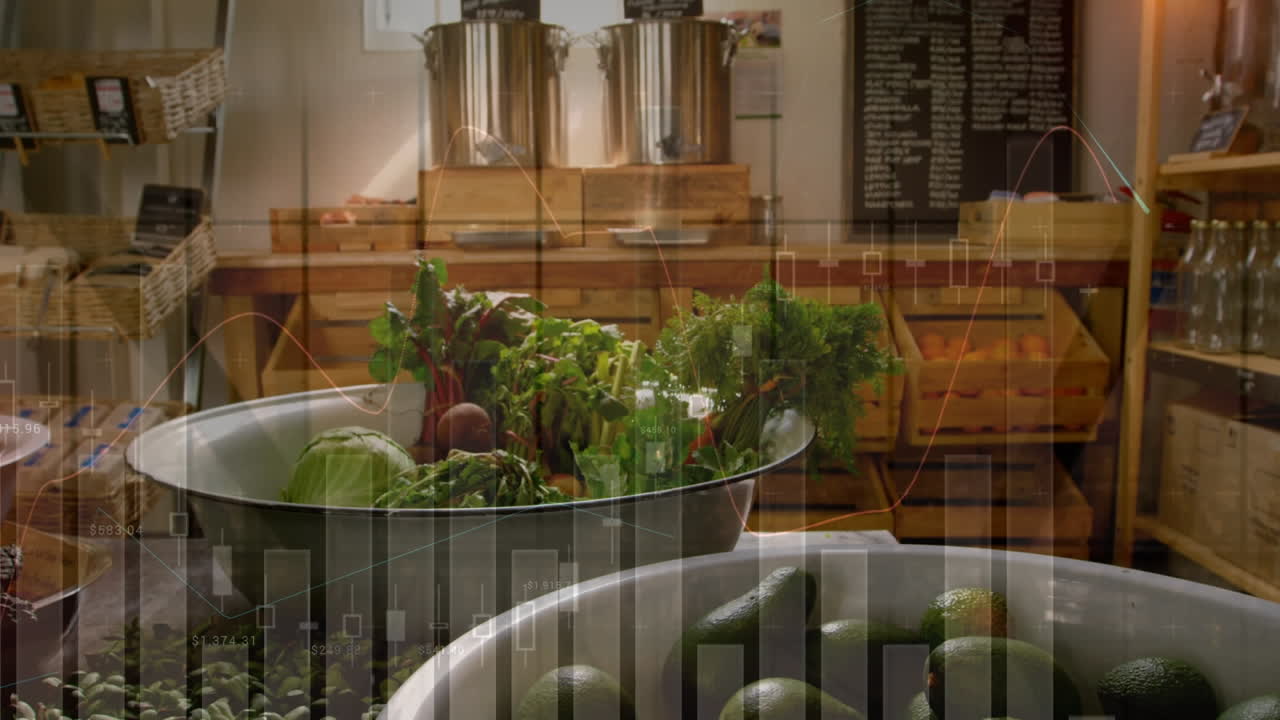 야채와 함께 가게에 대한 데이터 처리의 애니메이션