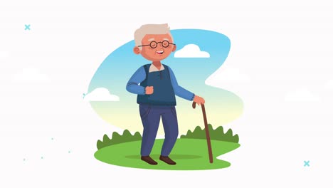 un viejo lindo caminando en el campamento personaje de animación