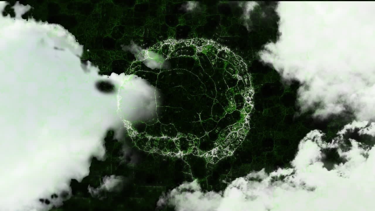 Animating glowing green fractal rings floating in dark void, drifting white clouds adding depth