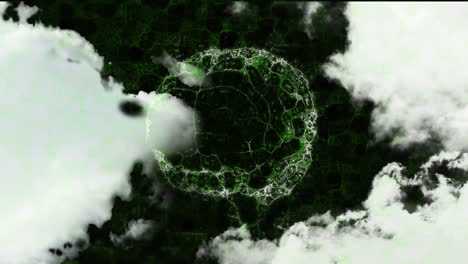 animating glowing green fractal rings floating in dark void, drifting white clouds adding depth