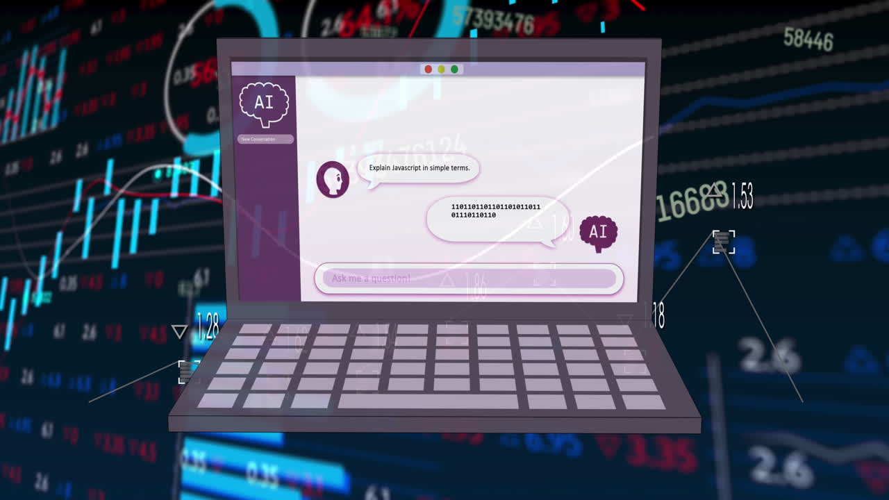 Animation von KI-Datenverarbeitung, Chat, Statistiken und Symbolen auf einem Laptop-Bildschirm