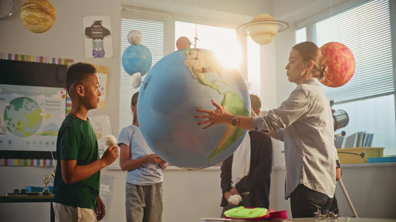 STEM Class on Renewable Energy Female Teacher Explaining Energy Resources to Elementary School