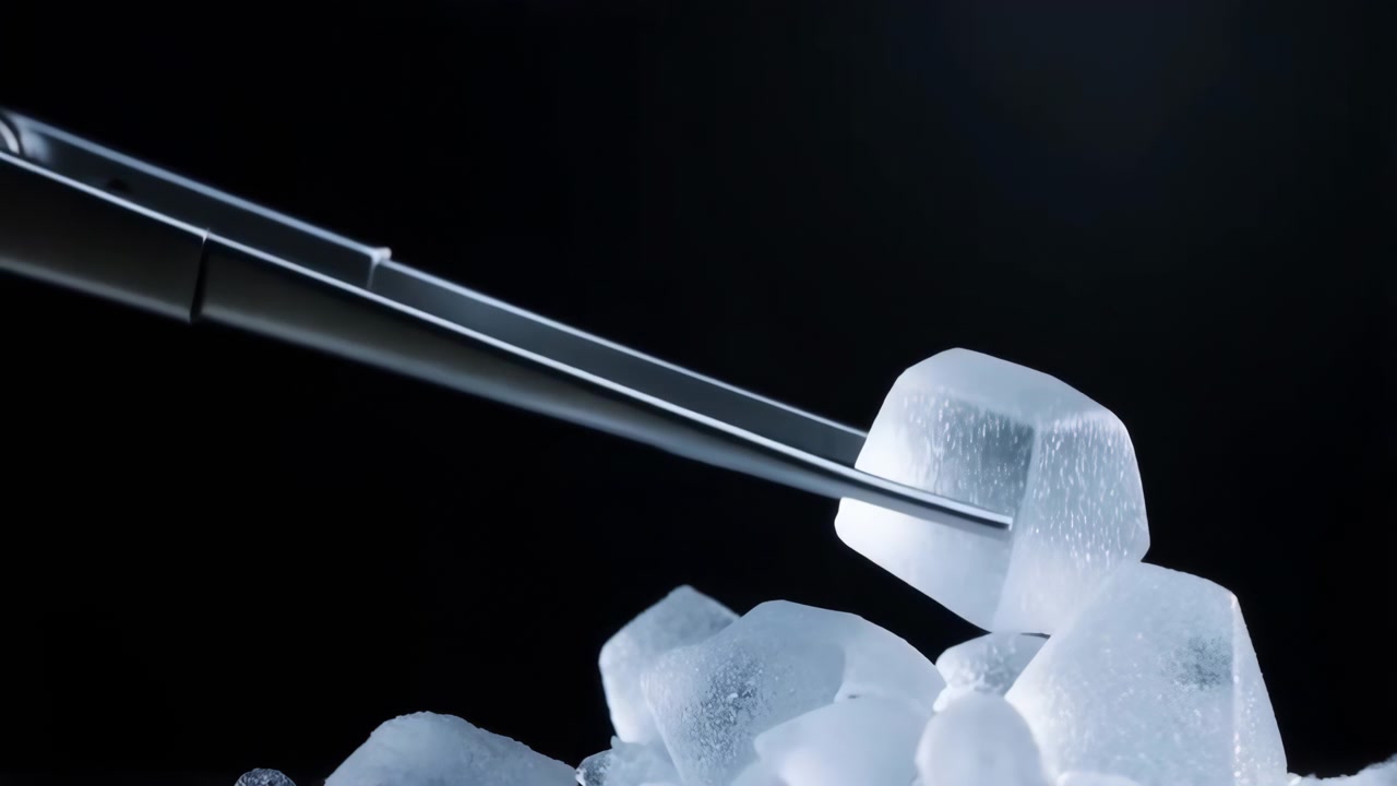 Primo piano macro in movimento che mostra pinzette metalliche che afferrano e sollevano un singolo cristallo traslucido satinato da un mucchio di cristalli di ghiaccio angolari, con luce direzionale fredda, sfondo scuro, profondità di campo ridotta