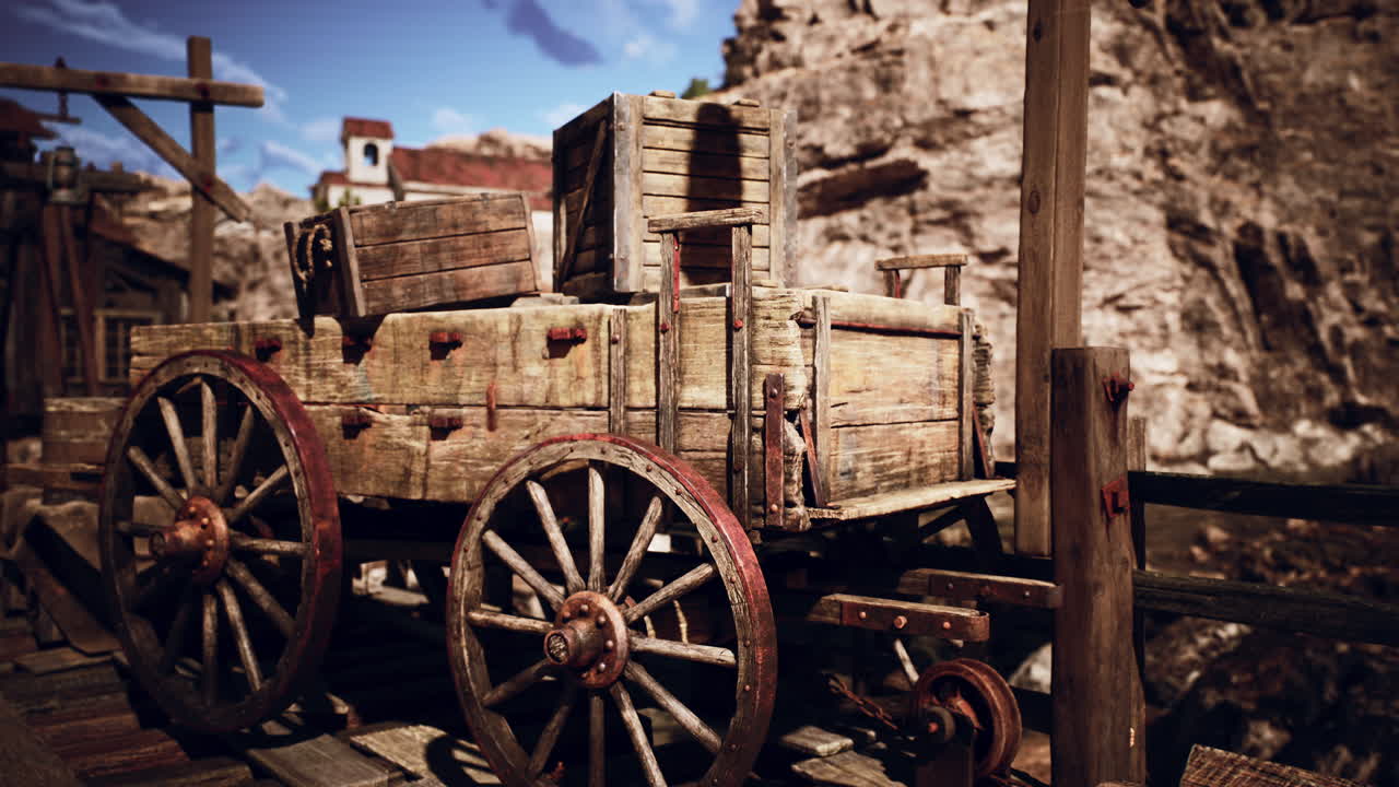 은 오후에 빈티지 도크에서 바위 절벽 근처의 시골 목조 카트