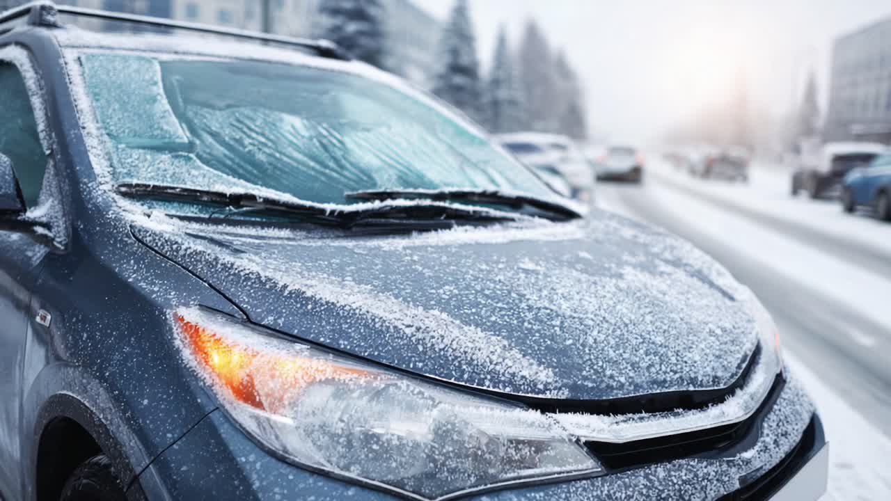 A Winter Scene Captured in Two Frames: A Frost-Covered Car Navigating Through a Snowy Landscape with Urban Backgrounds and Blurred Vehicles