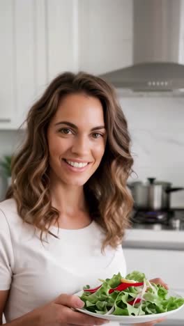 young woman with wavy brown hair holding a plate of salad in the kitchen, concept of veganism.