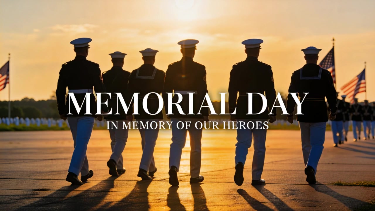 Unità in parata in alta uniforme, cerimonia che inizia al monumento commemorativo con bandiere degli Stati Uniti, MEMORIAL DAY in onore degli eroi.