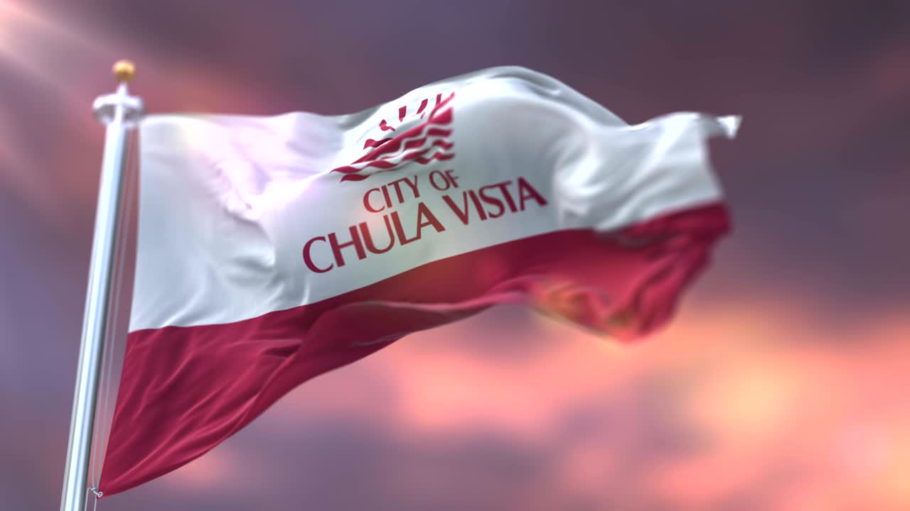 Bandiera di Chula Vista al tramonto, città della California, USA - loop