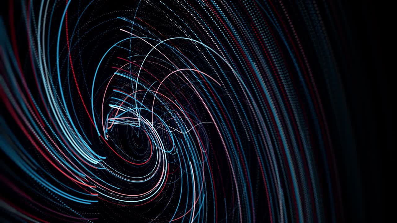 Neon lines swirling in swirl on black background. Animation. Effect of neon spiral vortex. Neon lines move in spiral creating techno vortex