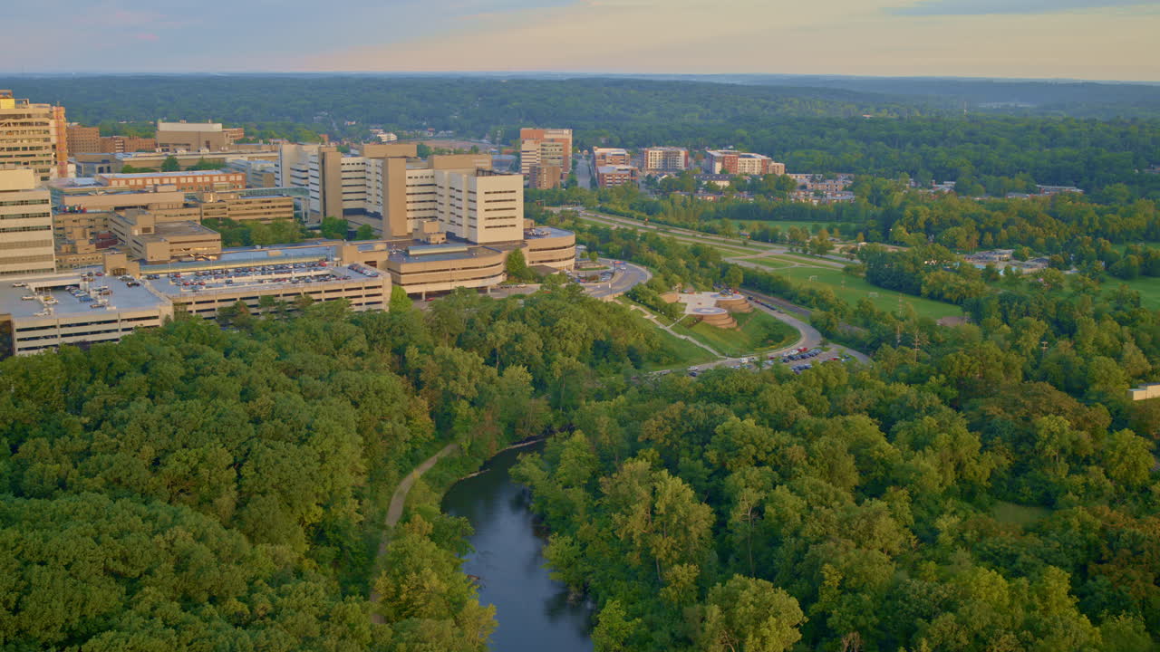 Aerial View of a University Campus with Hospital and Green Space