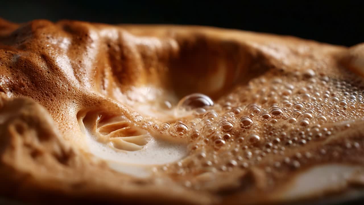 Primo piano di schiuma di caffè con bolle e texture che evidenziano la ricchezza e la cremosità, sia nella fase di preparazione che nel suo aspetto finale