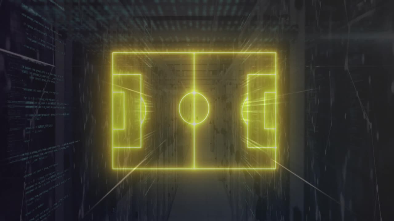 Animation of digital stadium and data processing over server room