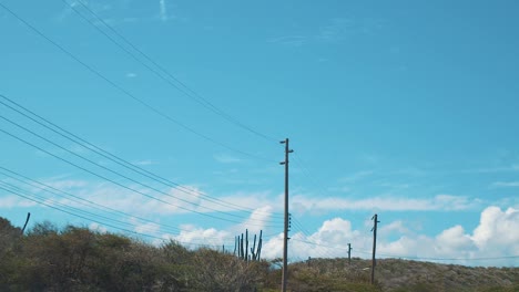 Curacao---Strommasten-Mit-Angeschlossenen-Kabeln-Entlang-Der-Straße-Mit-Grünen-Bäumen-Unter-Blauem-Himmel---Panoramaaufnahme