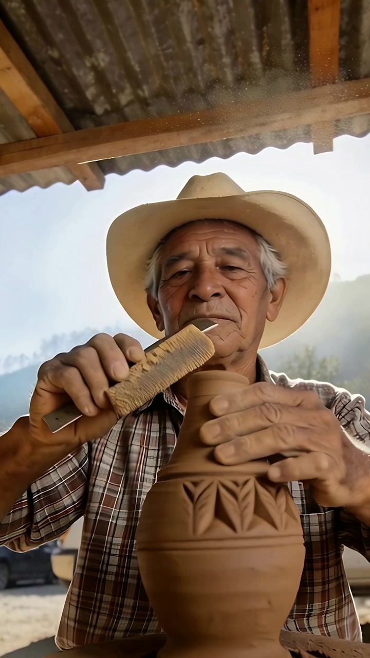 Vertical video: Brush touching potter combing and refining rim of vase under tin roof in wide hat