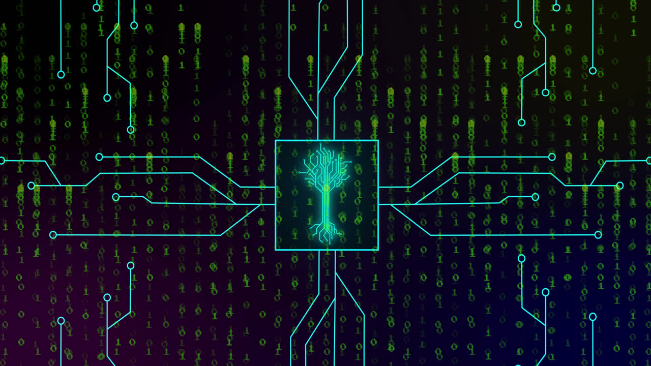 Animation of integrated circuit over binary code on digital screen