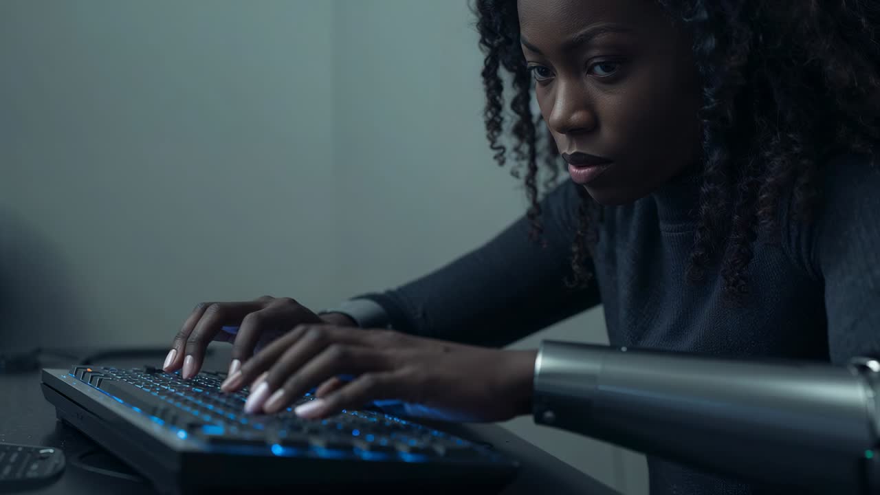 Leaning woman dark top typing backlit keys with prosthetic arm, fixing gaze on screen, copy space