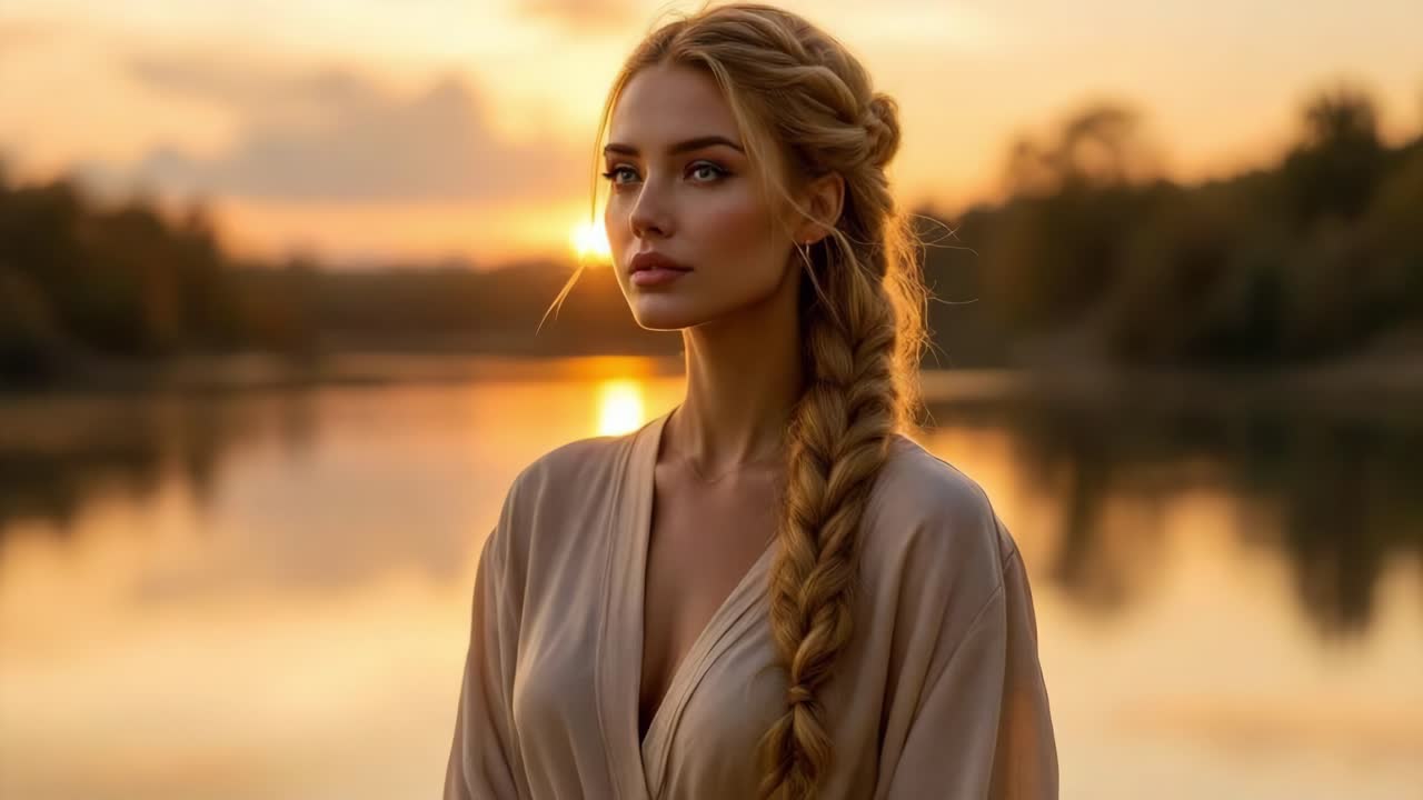 Young woman with long braided hair gazes thoughtfully by a serene river, illuminated by the warm glow of sunset, creating a peaceful atmosphere with soft reflections on the water surface