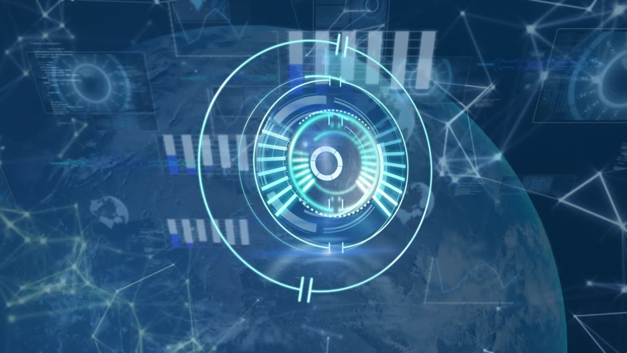 Animation of processing circle over data and globe on navy background