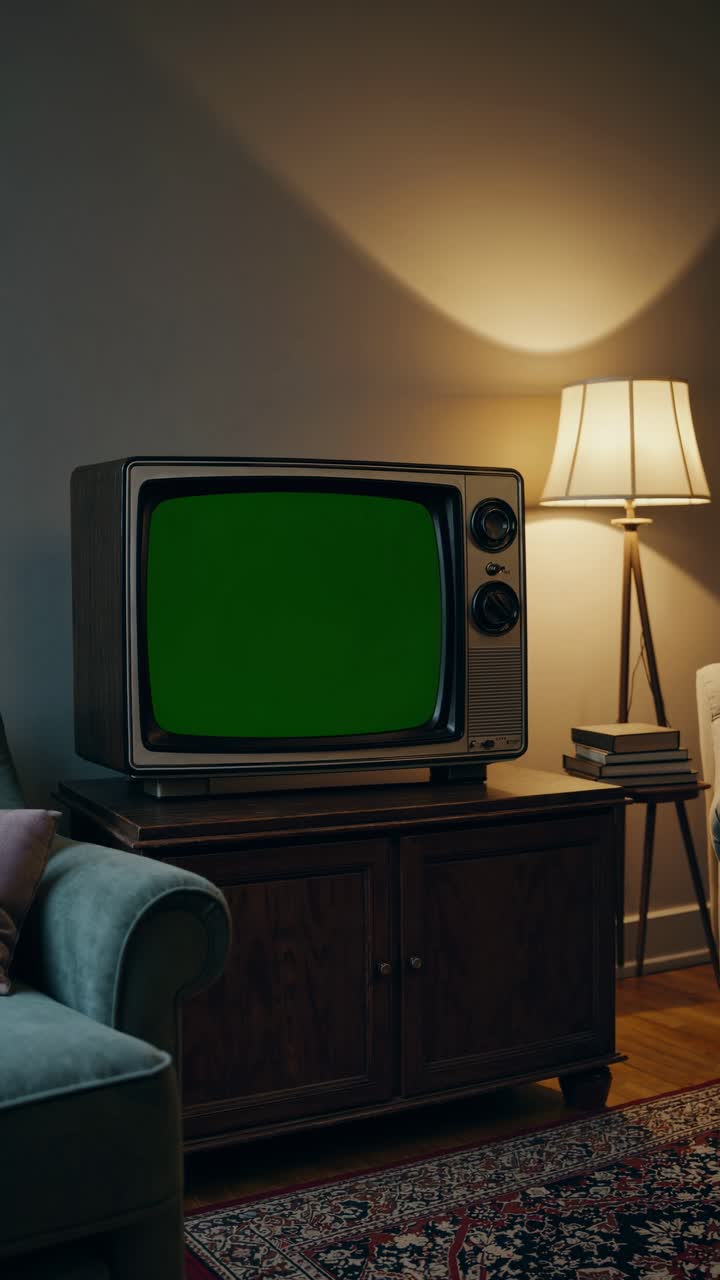 TV vintage con schermo verde in un accogliente salotto, foto scattata ad altezza occhi