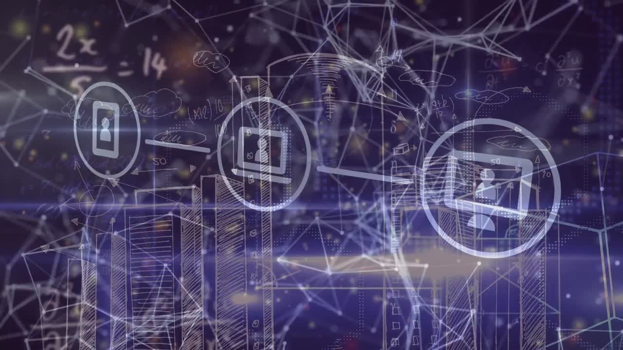 animación de iconos tecnológicos, conexiones y edificios en fondo naval