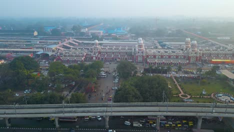 Aerial-view-of-1090-Chauraha-Gomti-Nagar,-DR-AMBEDKAR-DWAR,-Lucknow-metro-and-Lucknow-charbagh-railway-station-and-Lucknow-city