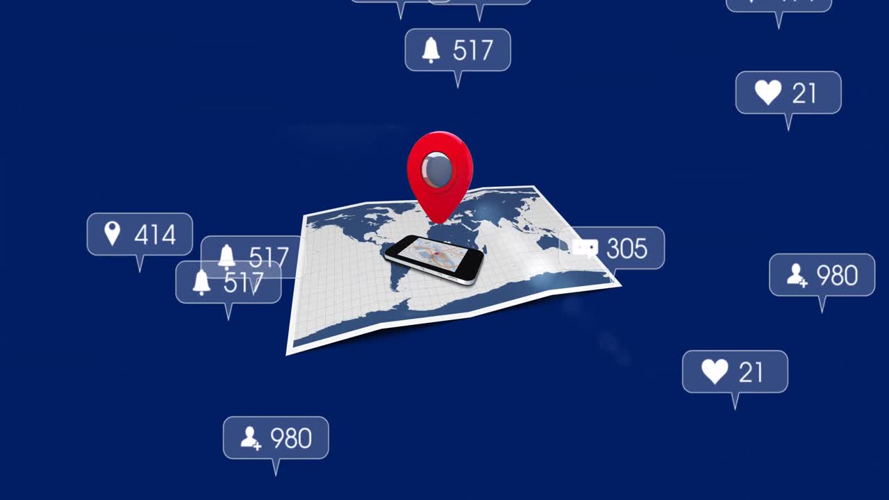 animación de personas de redes sociales a través de pin de ubicación con mapa y teléfono inteligente