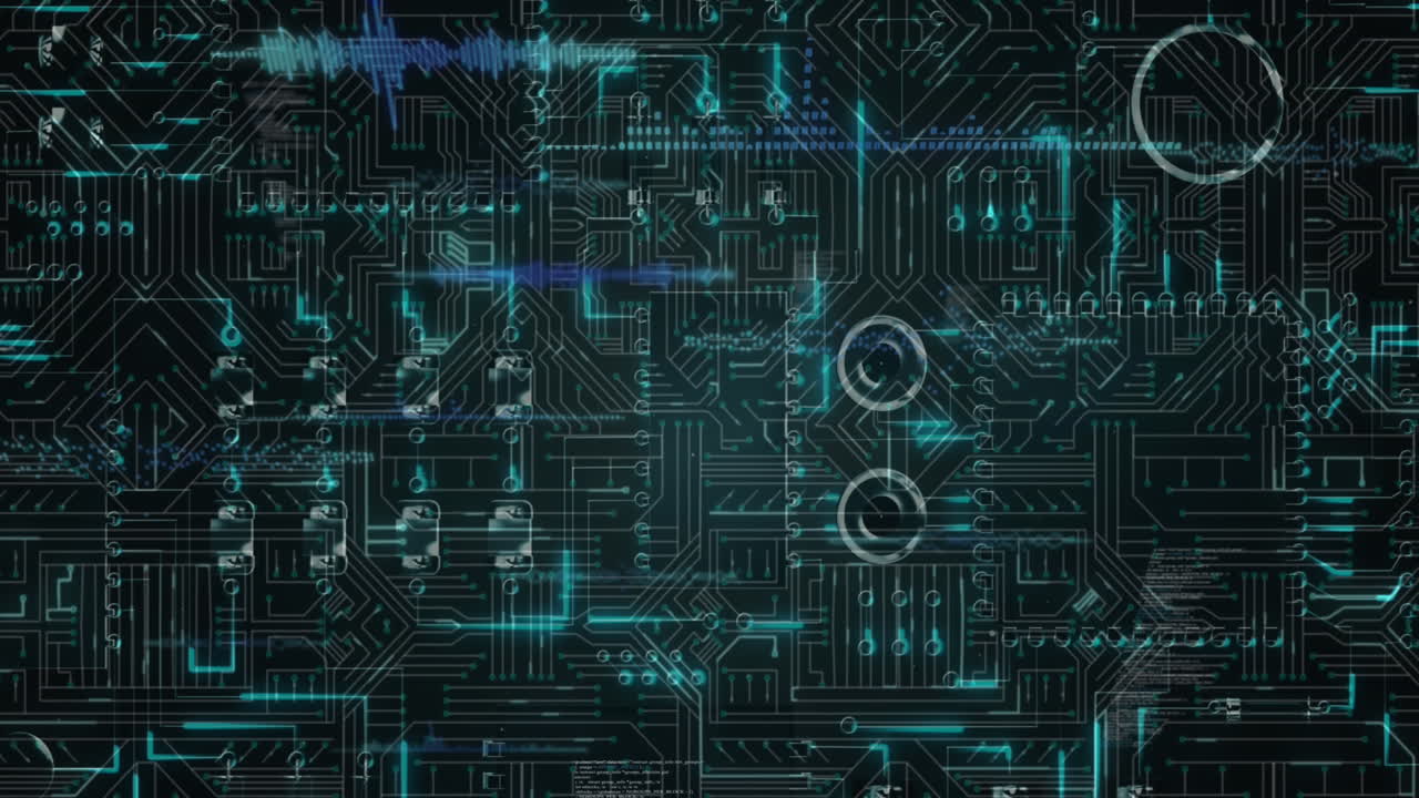animación de ondas sonoras sobre el patrón de la placa de circuitos contra un fondo negro
