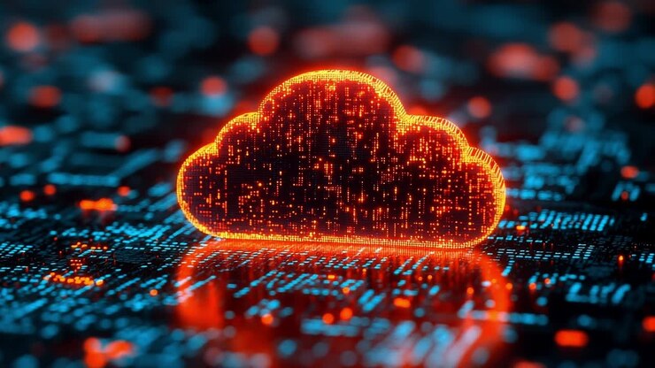 Neon digital cloud concept. A neon cloud symbol stands out against a circuit board background, representing digital data and cloud technology.